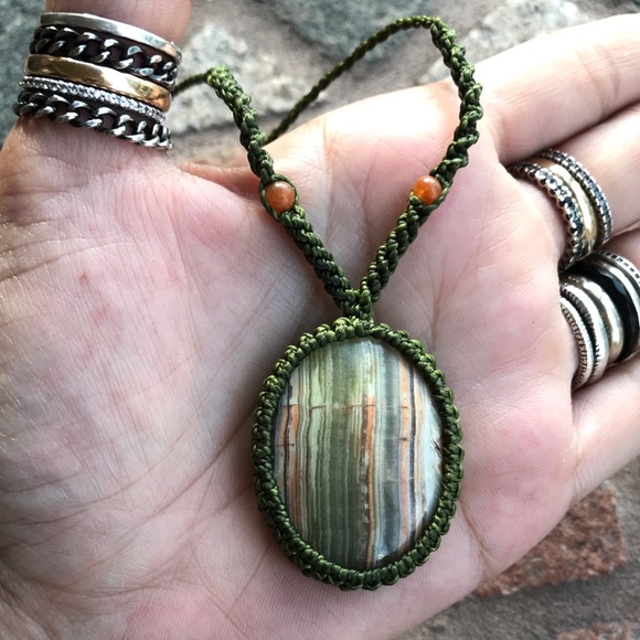 Silverskylight Jewelry - Sold banded green orange agate boho necklace